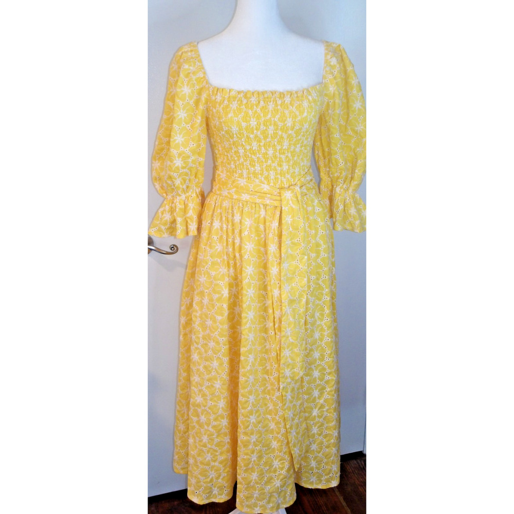 Aura The Label Yellow Midi Dress Cottagecore Belted Floral  SM NWT - Picture 5 of 9